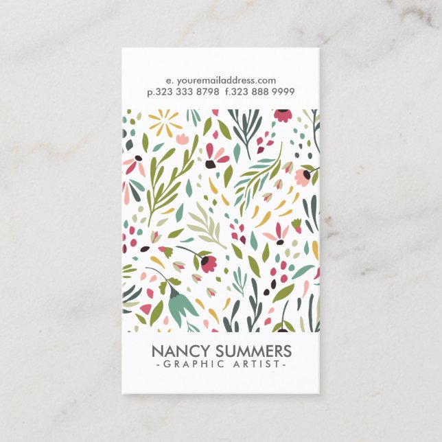 Modern Cue Flowers & Leafs Pattern Business Card (Front)