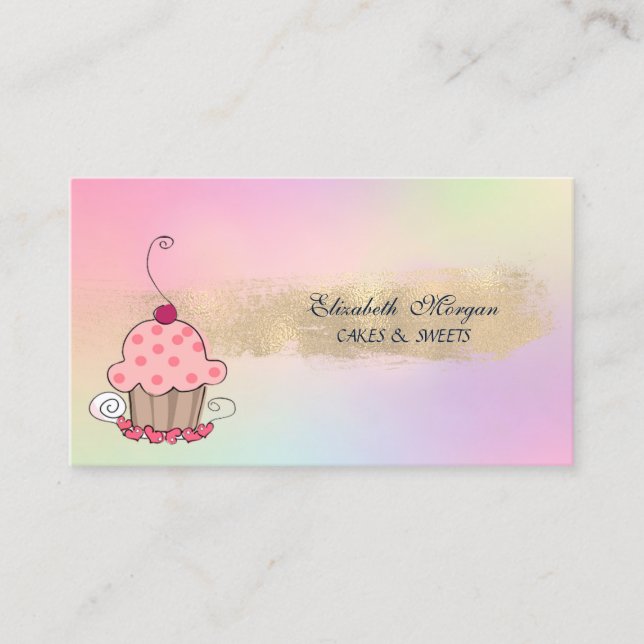 Modern Cupcake Bakery Brush Stroke Holographic Business Card (Front)