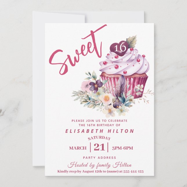 Modern cupcake girly watercolor boho floral  invitation (Front)