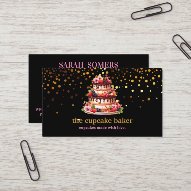 Modern Cupcake Logo Bakery Chef Catering Confetti Business Card (Front/Back In Situ)