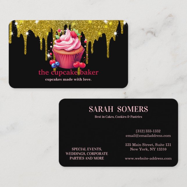 Modern Cupcake Logo Bakery Chef Catering Confetti Business Card (Front/Back)