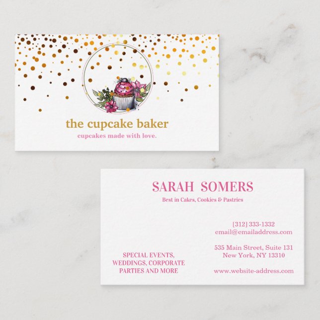 Modern Cupcake Logo Bakery Chef Catering Confetti Business Card (Front/Back)