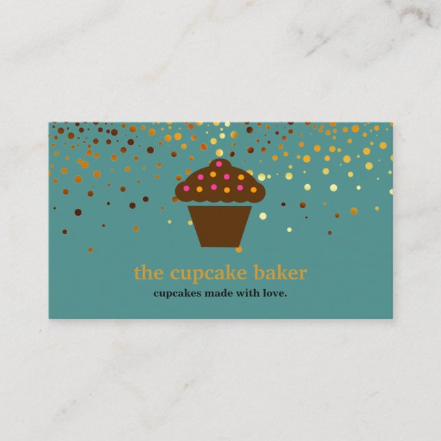 Modern Cupcake Logo Bakery Chef Catering Confetti Business Card (Front)
