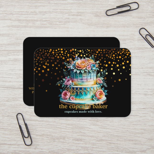 Modern Cupcake Logo Bakery Chef Catering Confetti Business Card (Front/Back In Situ)