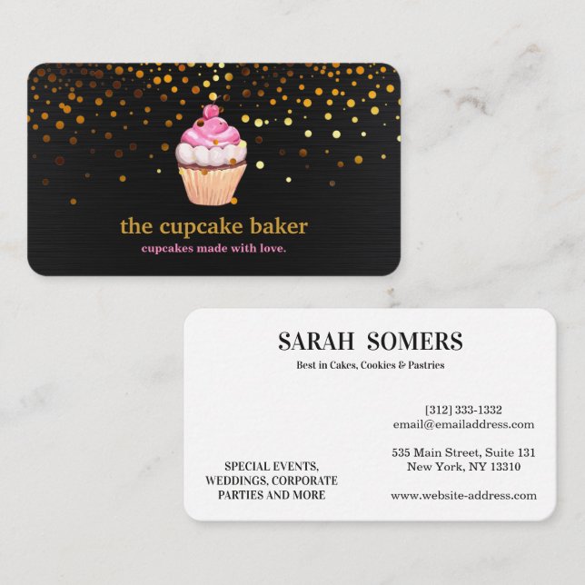 Modern Cupcake Logo Bakery Chef Catering Confetti Business Card (Front/Back)