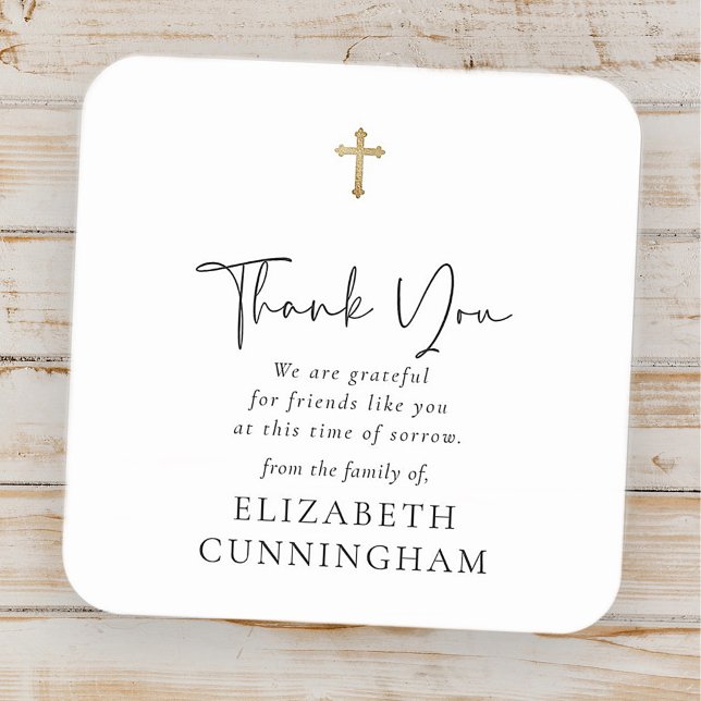 Modern Cursive Script Faux Gold Cross Memorial Square Sticker (Creator Uploaded)