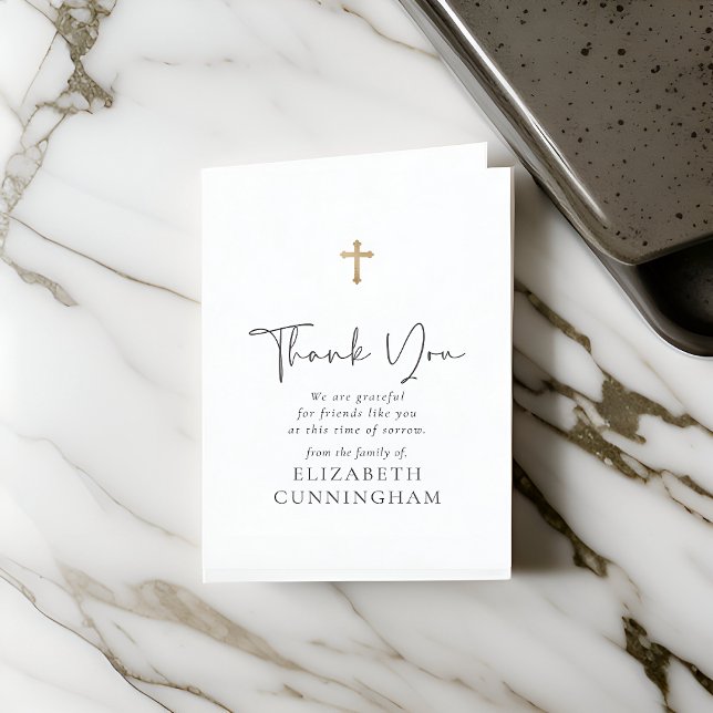 Modern Cursive Script Faux Gold Cross Memorial Thank You Card (Creator Uploaded)