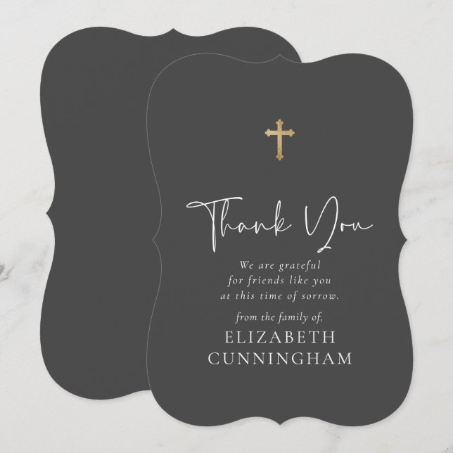Modern Cursive Script Faux Gold Cross Memorial Thank You Card (Front/Back)