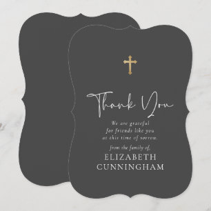 Modern Cursive Script Faux Gold Cross Memorial Thank You Card