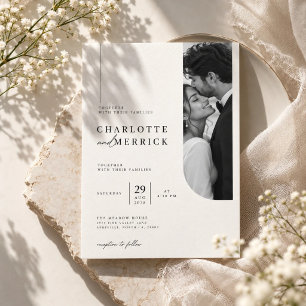 Modern Curved Black & White Photo Wedding Invitation