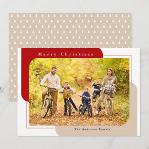 Modern Curved Photo Red and Tan Merry Christmas Holiday Card