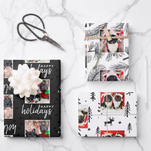 Modern Custom 3 Photo Pet Dog Holiday Wrapping Paper Sheet (Front)