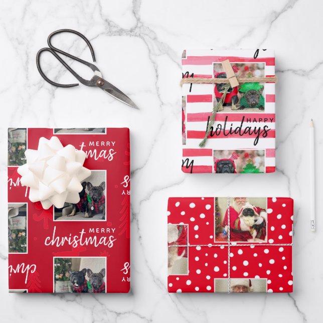 Modern Custom 4 Photo Pet Dog Holiday Red Wrapping Paper Sheet (Front)