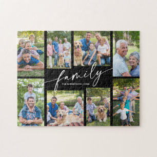 Modern Custom 8 Photo Collage Family Script Jigsaw Puzzle