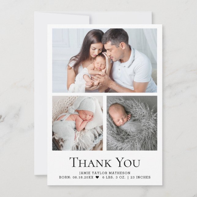 Modern Custom Baby 3 Photos Birth Stats Thank You Card (Front)