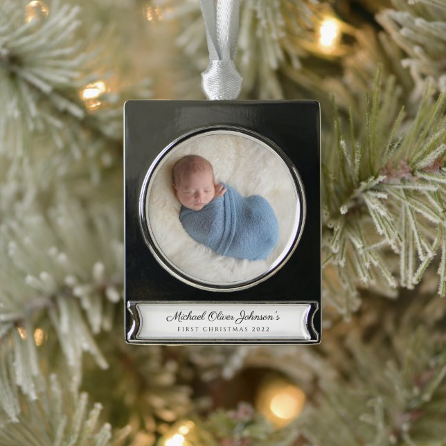 Modern Custom Baby First Christmas Photo Silver Plated Banner Ornament (Tree)