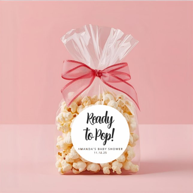 Modern Custom Baby Shower Black Text Popcorn  Classic Round Sticker (Modern elegant baby shower popcorn round sticker )