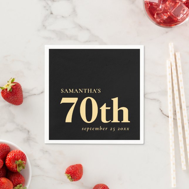 Modern Custom Black Gold 70th Name Date  Napkin (Insitu)