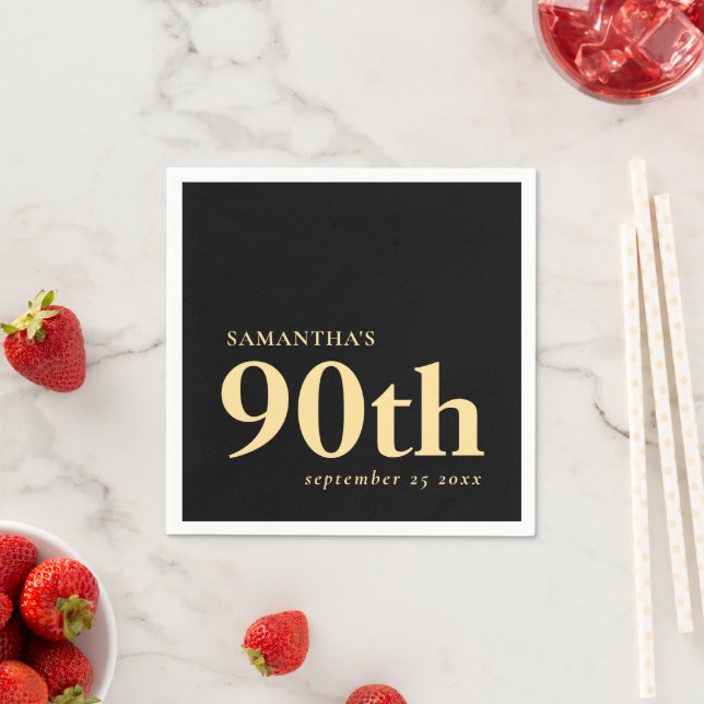 Modern Custom Black Gold 90th Name Date  Napkin (Insitu)