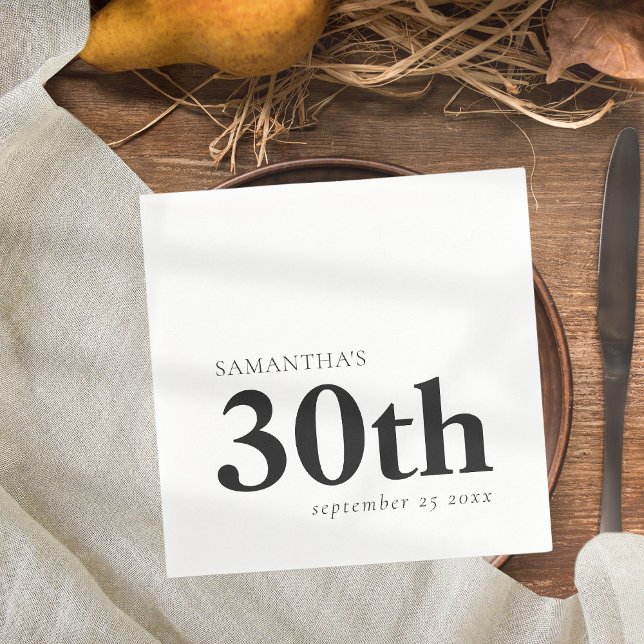 Modern Custom Black Text 30th Name Date  Napkin (Creator Uploaded)