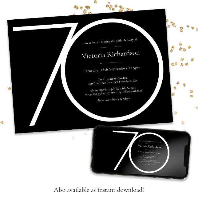 Modern Custom Black White Minimalist 70th Birthday Invitation (Minimalist 70th Birthday Modern Custom Black White Invitation
)