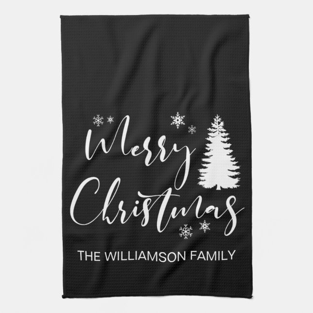 Modern Custom Black White Tree Merry Christmas Tea Towel (Vertical)