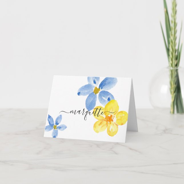 Modern Custom Blue Yellow Watercolor Flower Note Card (Front)
