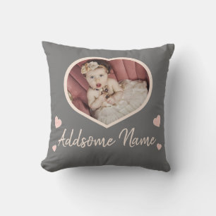 Modern Custom Blush Pink Grey Baby Photo Heart Cushion