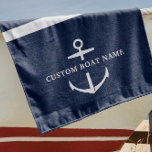 Modern Custom Boat Name Nautical Anchor Beach Towel<br><div class="desc">Nautical boating beach towel in navy blue showing an anchor as well as your custom boat name.</div>