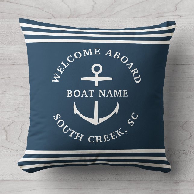 Modern Custom Boat Name Welcome Aboard Anchor Cushion (Creator Uploaded)