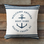 Modern Custom Boat Name Welcome Aboard Anchor Cushion<br><div class="desc">Modern minimalist custom boat name throw pillow in dusty blue with nautical stripes and anchor reading WELCOME ABOARD as well as name of marina,  dock,  yacht club,  or city.</div>