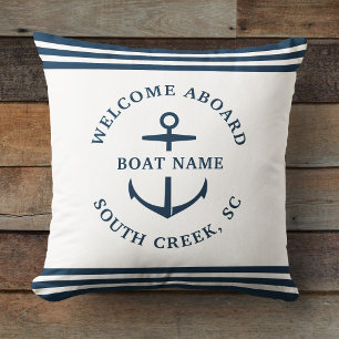 Modern Custom Boat Name Welcome Aboard Anchor Cushion