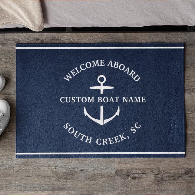 Modern Custom Boat Name Welcome Aboard Anchor Doormat (Creator Uploaded)