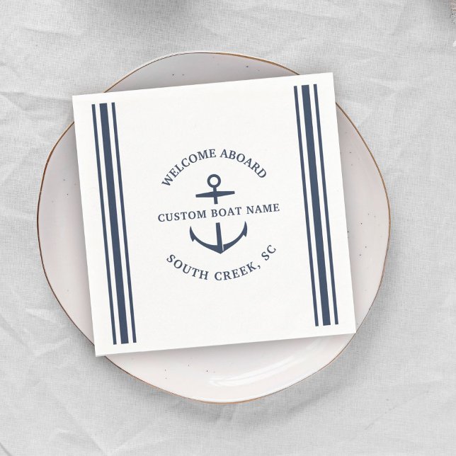 Modern Custom Boat Name Welcome Aboard Anchor Napkin (Creator Uploaded)