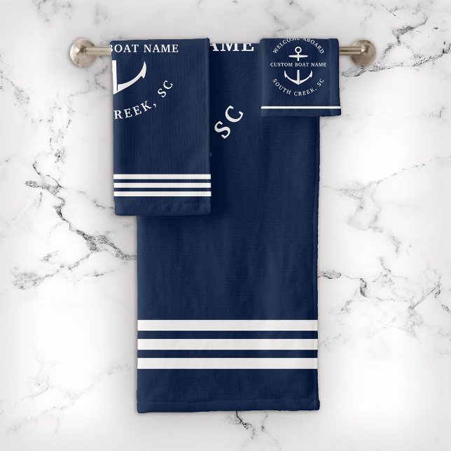 Modern Custom Boat Name Welcome Aboard Nautical Bath Towel Set (Creator Uploaded)