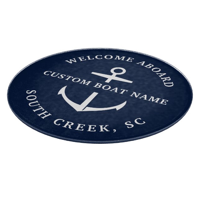 Modern Custom Boat Name Welcome Aboard Nautical Cutting Board (Corner)