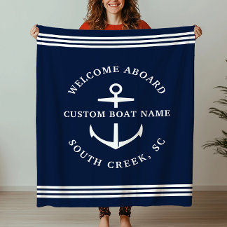 Modern Custom Boat Name Welcome Aboard Nautical Fleece Blanket