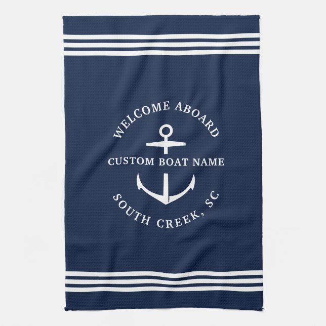 Modern Custom Boat Name Welcome Aboard Nautical Tea Towel (Vertical)
