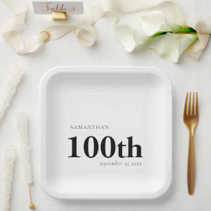 Modern Custom Bold Black Text 100th Name Date  Paper Plate