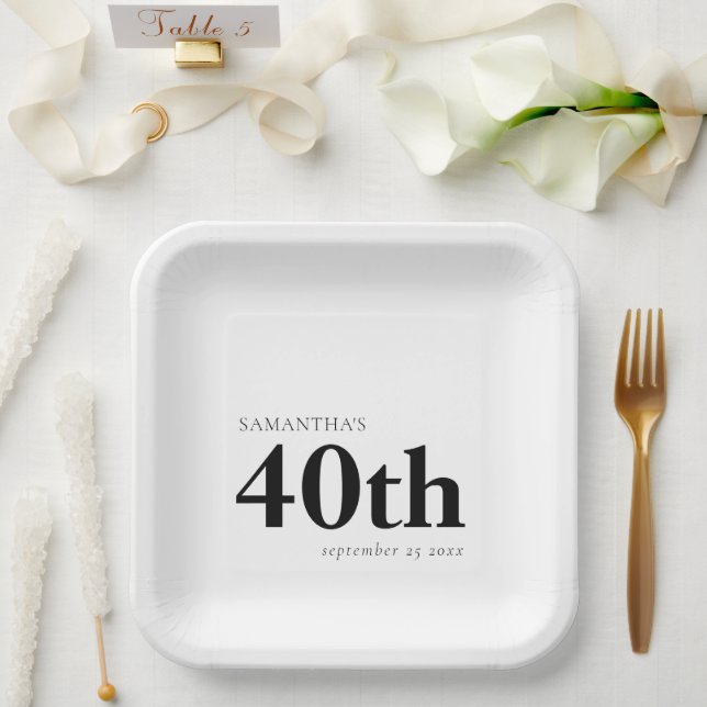 Modern Custom Bold Black Text 40th Name Date  Paper Plate (Wedding)