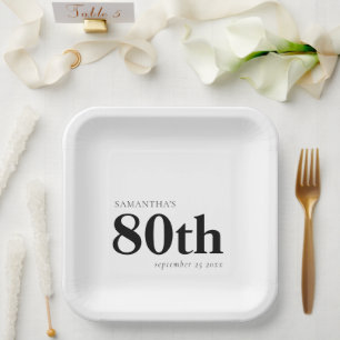 Modern Custom Bold Black Text 80th Name Date  Paper Plate
