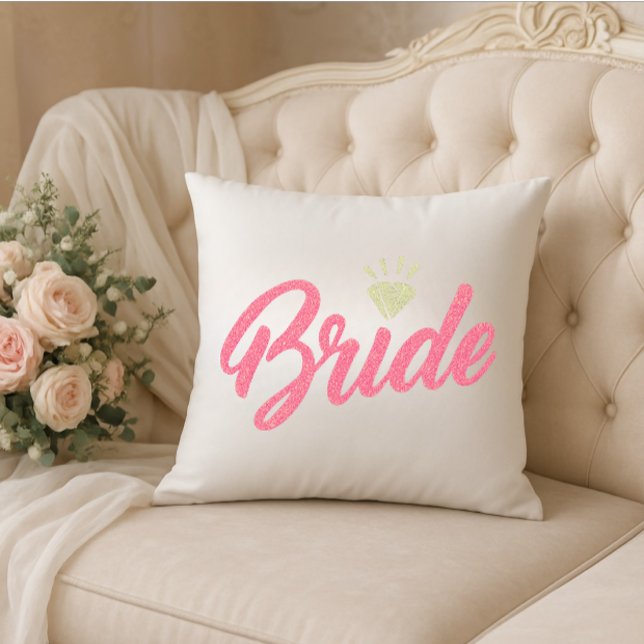 Modern Custom Bride Name Pink Glittery Diamond  Cushion (Modern bride pillow )