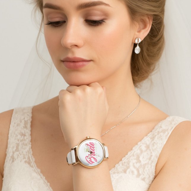 Modern Custom Bride Name Pink Glittery Diamond  Watch (Modern elegant wedding bride watch)