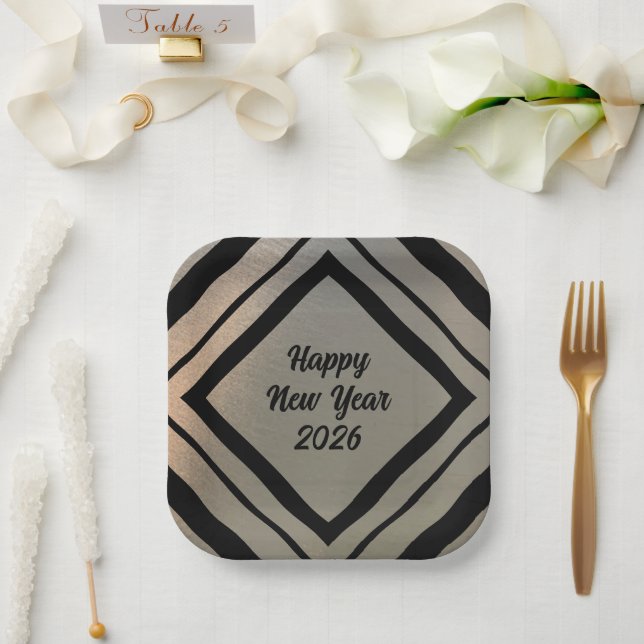 Modern Custom Brushed Metal Happy New Years Party Paper Plate (Wedding)