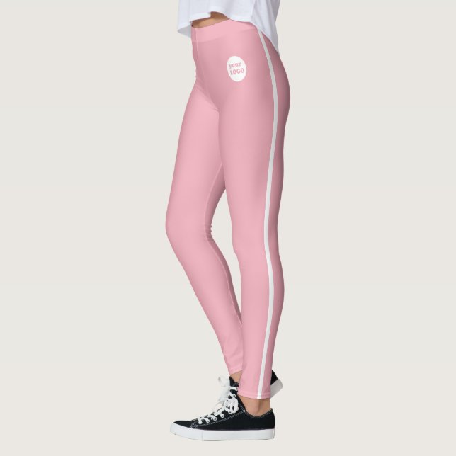 Modern Custom Business Logo Baby Pink White Stripe Leggings (Left)