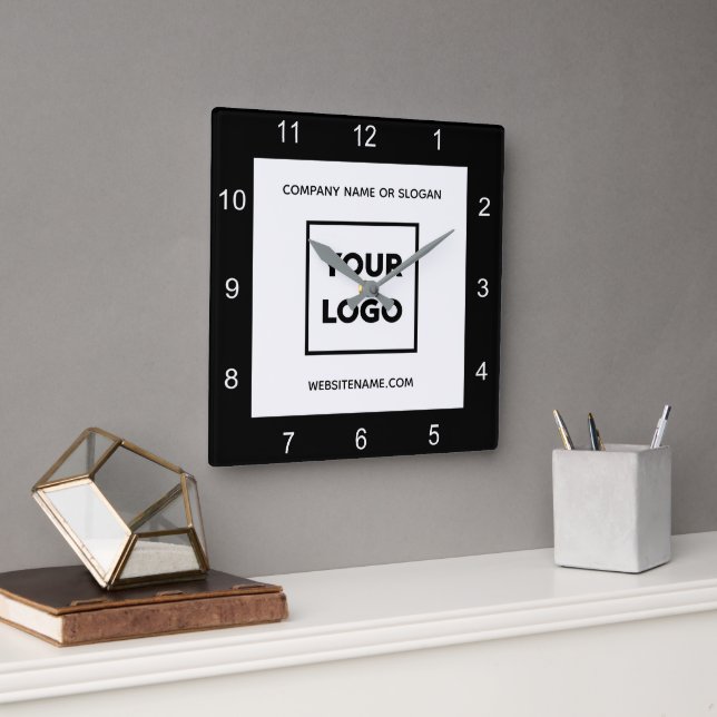 Modern Custom Business Logo Text Black White Square Wall Clock (Office)