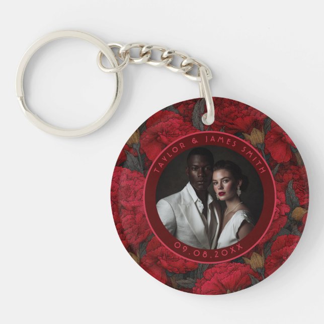 Modern Custom Carnation Garden Winter Wedding Key Ring (Front)