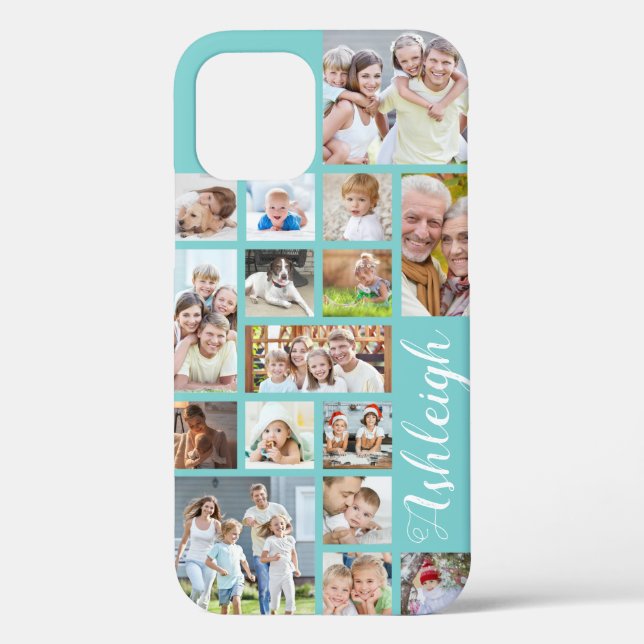 Modern Custom Colour 16 Photo Collage Aqua Teal Case-Mate iPhone Case (Back)