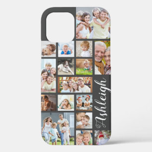 Modern Custom Colour 16 Photo Collage Script Name iPhone 12 Case