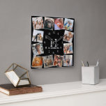 Modern Custom Colour Photo Collage| Create Your Ow Square Wall Clock<br><div class="desc">Modern photo collage clock, which includes your family name and initial - Create your own personalised 12 picutre photo collage wall clock using images downloaded from your phone or computer, displayed on a black background that can be changed to any colour and customised by adding your initial and family name....</div>